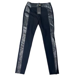 St. John Black Straight-Leg Pants with Leather Trim